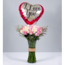 50 White Roses, Roses in Vase and Love Balloon