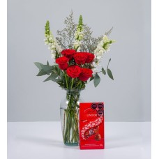 Red Roses With White Perritos And Lindt