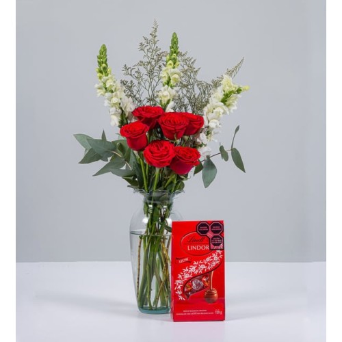Red Roses With White Perritos And Lindt