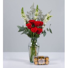 Red Roses With White Perritos And Ferrero 16