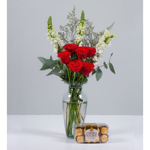 Red Roses With White Perritos And Ferrero 16