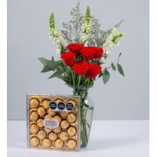 Red Roses With White Perritos And Ferrero 24