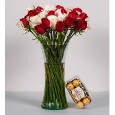 50 Red And White Roses With Ferrero 16