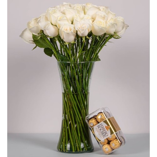 50 White Roses With Ferrero 16