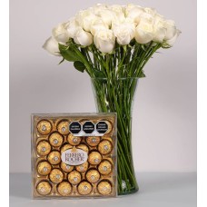 50 White Roses With Ferrero 24