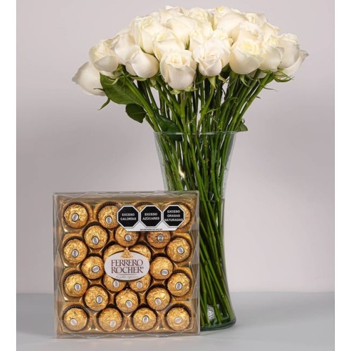 50 White Roses With Ferrero 24