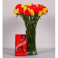 50 Orange And Yellow Roses With Lindt