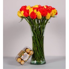 50 Orange And Yellow Roses With Ferrero 16