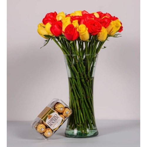 50 Orange And Yellow Roses With Ferrero 16