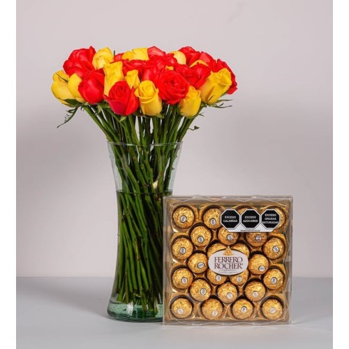 50 Orange And Yellow Roses With Ferrero 24