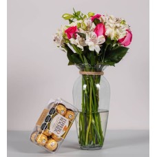 Pink Topaz, Carnations And White Astromelia With Ferrero 16