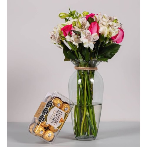 Pink Topaz, Carnations And White Astromelia With Ferrero 16
