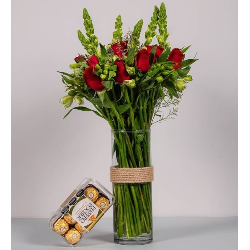 Red Roses, Perritos, White Astromelias With Ferrero 16