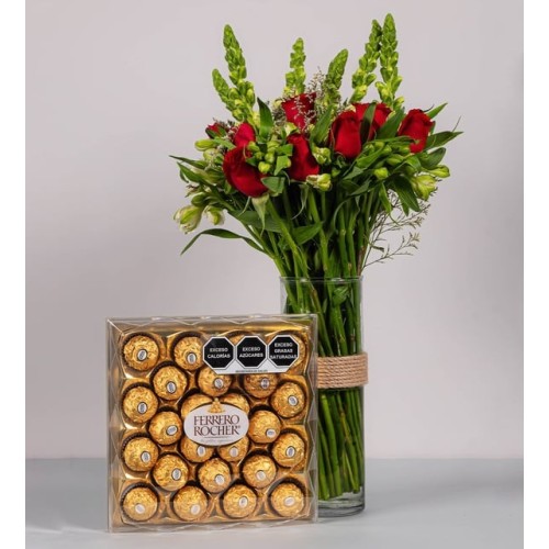 Red Roses, Perritos, White Astromelias With Ferrero 24