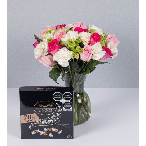 Arrangement Of Roses In Shades Of Pink And Lindt Bitter