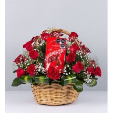 Basket Of Red Roses With Lindt De Leche