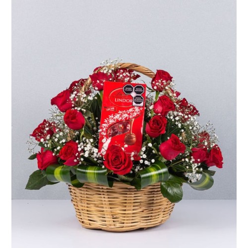 Basket Of Red Roses With Lindt De Leche