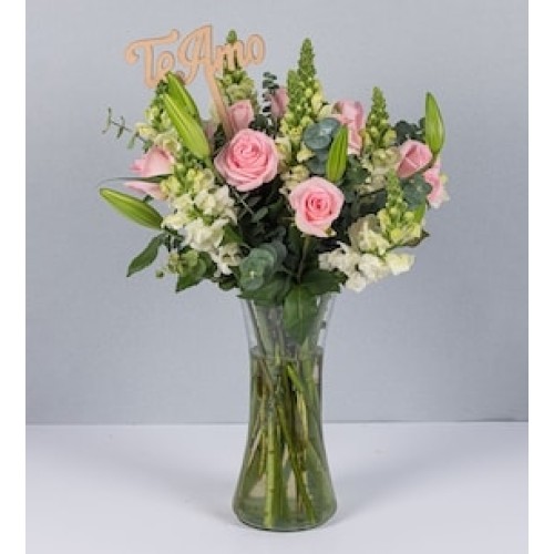 Arrangement of Roses, Lily and White Dogs with Pick I Love You
