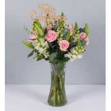 Arrangement of Roses, Lily with Pick Happy Birthday