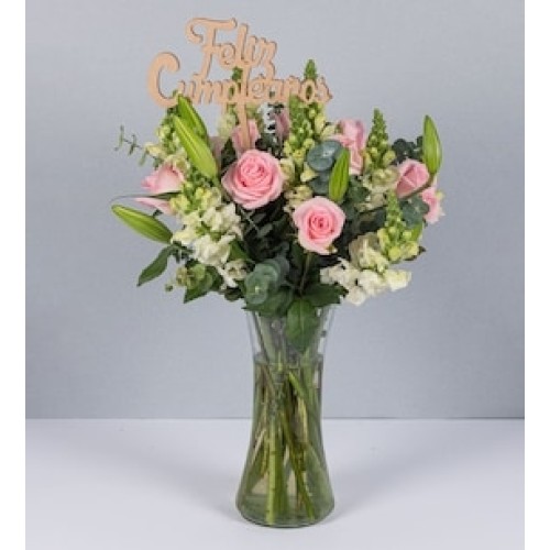 Arrangement of Roses, Lily with Pick Happy Birthday