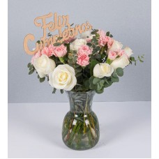 Detail White Roses and Carnations with Happy Birthday Pick