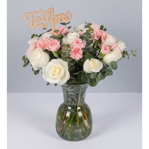 Detail White Roses and Carnations with Pick I Love You