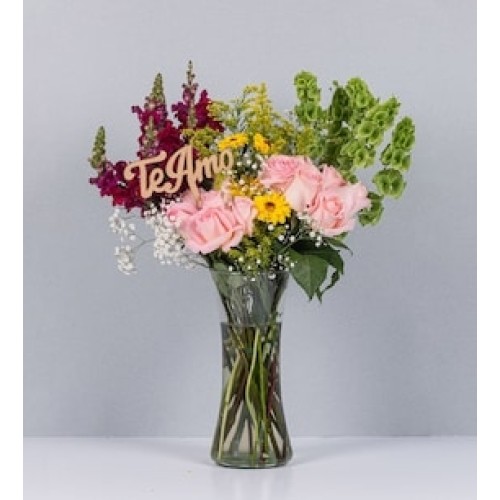 Roses, Daisies and Dogs Arrangement with Pick I Love You