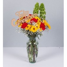 Yellow Daisies and Carnations with Happy Birthday Pick