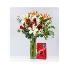 White Lily and Red Roses in Cylinder and Red Lindt