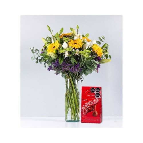 Gerbera Yellow And White Rose With Red Lindt
