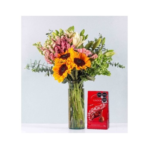 Sunflowers And Pink Perritos In Cylinder With Red Lindt