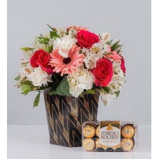 Arrangement Roses With Carnations And Ferrero 16