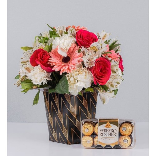 Arrangement Roses With Carnations And Ferrero 16