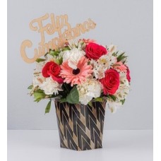 Arrangement Roses with carnations and Happy Birthday Pick