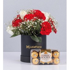 Red Carnations And White Roses Box With Ferrero