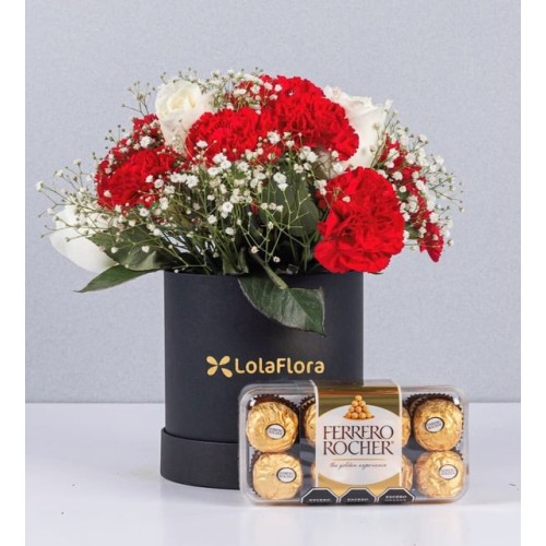Red Carnations And White Roses Box With Ferrero