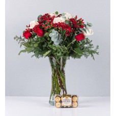 Red And White Rose With Pine And Ferrero