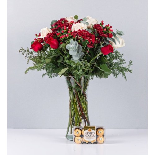 Red And White Rose With Pine And Ferrero