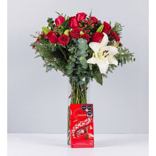 Red Roses And White Lilys In Cylinder And Lindt