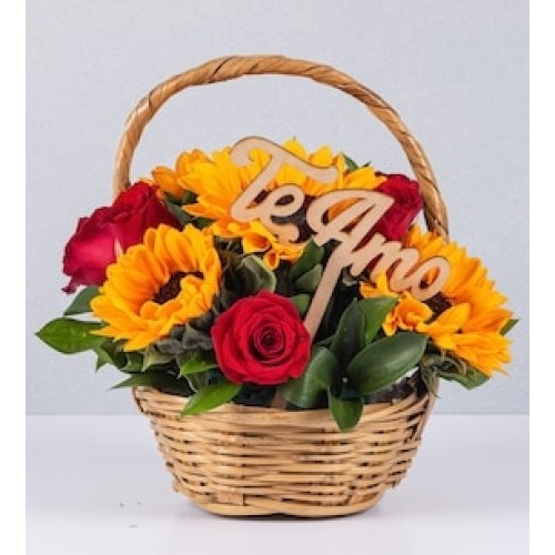 Basket Jr Sunflowers and Roses with Pick I Love You