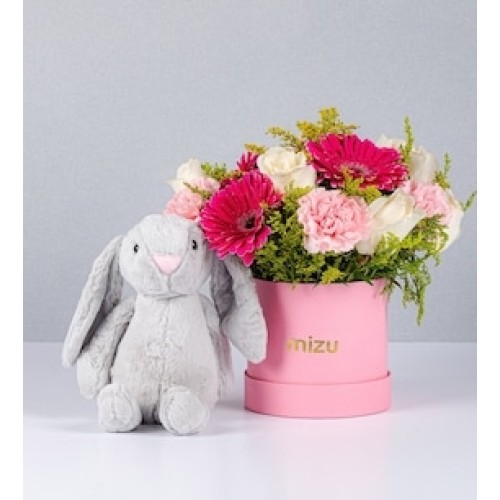 Pink Gerbera Fuchsia and White Roses and Bunny Box