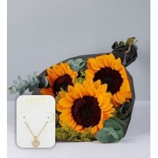 Bouquet of 3 Sunflowers and Heart Necklace