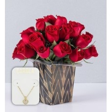Romance with 24 Red Roses and Heart Necklace