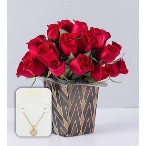 Romance with 24 Red Roses and Heart Necklace