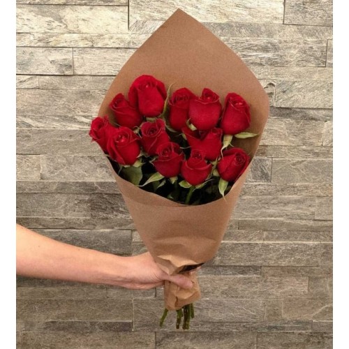12 Red Roses in a Craft Paper Bouquet