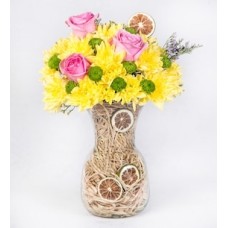 Pink Roses with Yellow Chrysanthemums