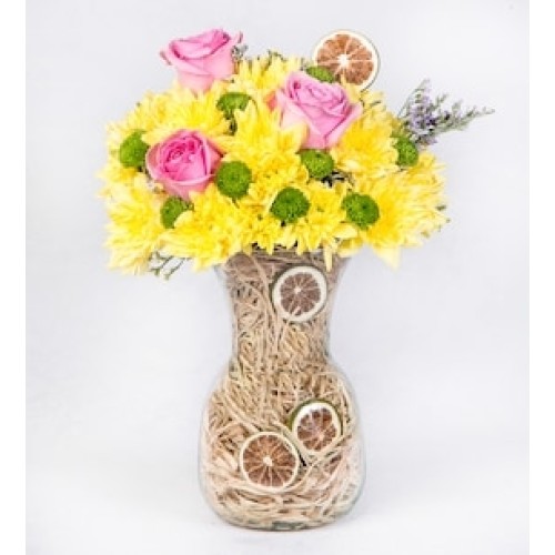 Pink Roses with Yellow Chrysanthemums