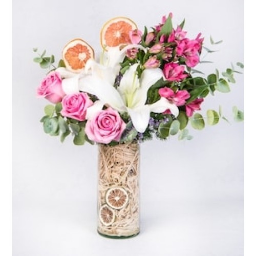 Pink Roses, Lilys and Astromelias with Limonium