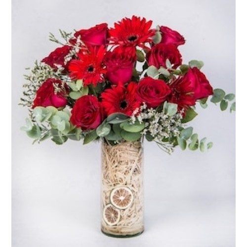 Gerberas and Red Roses with Limonium