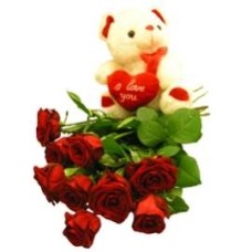 Bear & Hot Roses (15 Roses)